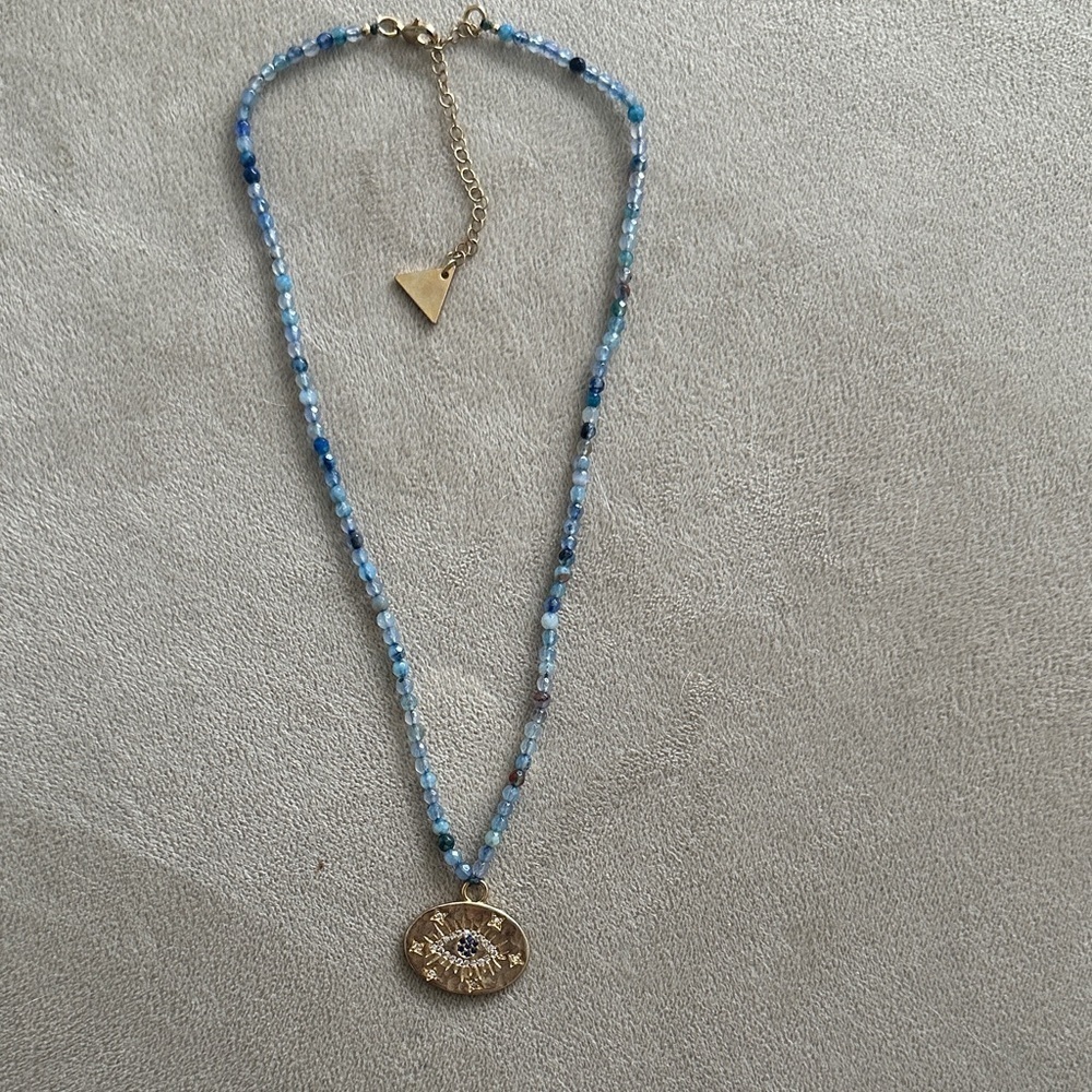 Chic Blue Beaded Necklace with Evil Eye 🧿 Gold Pendant